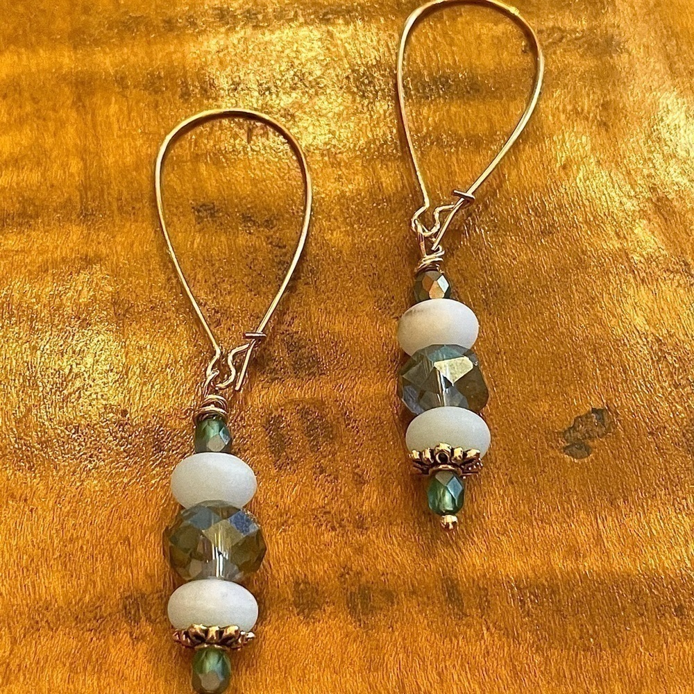 𝅺22KT Gold plated Sterling Silver earrings Genuine Amazonite BUY NOW PRICE - Picture 6 of 7